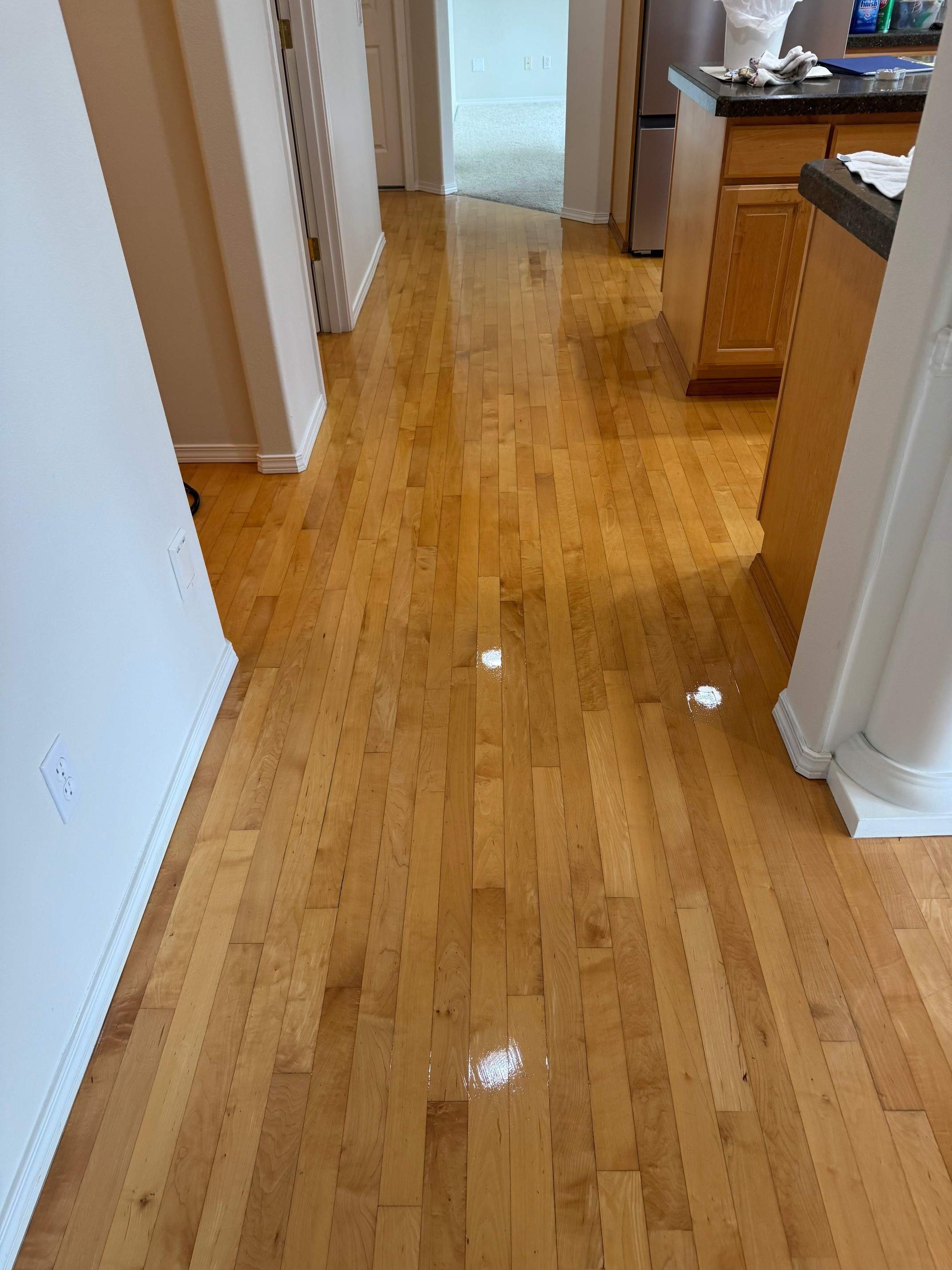 Light maple hardwood floor freshly cleaned and sealed, glossy finish extending from hallway into kitchen
