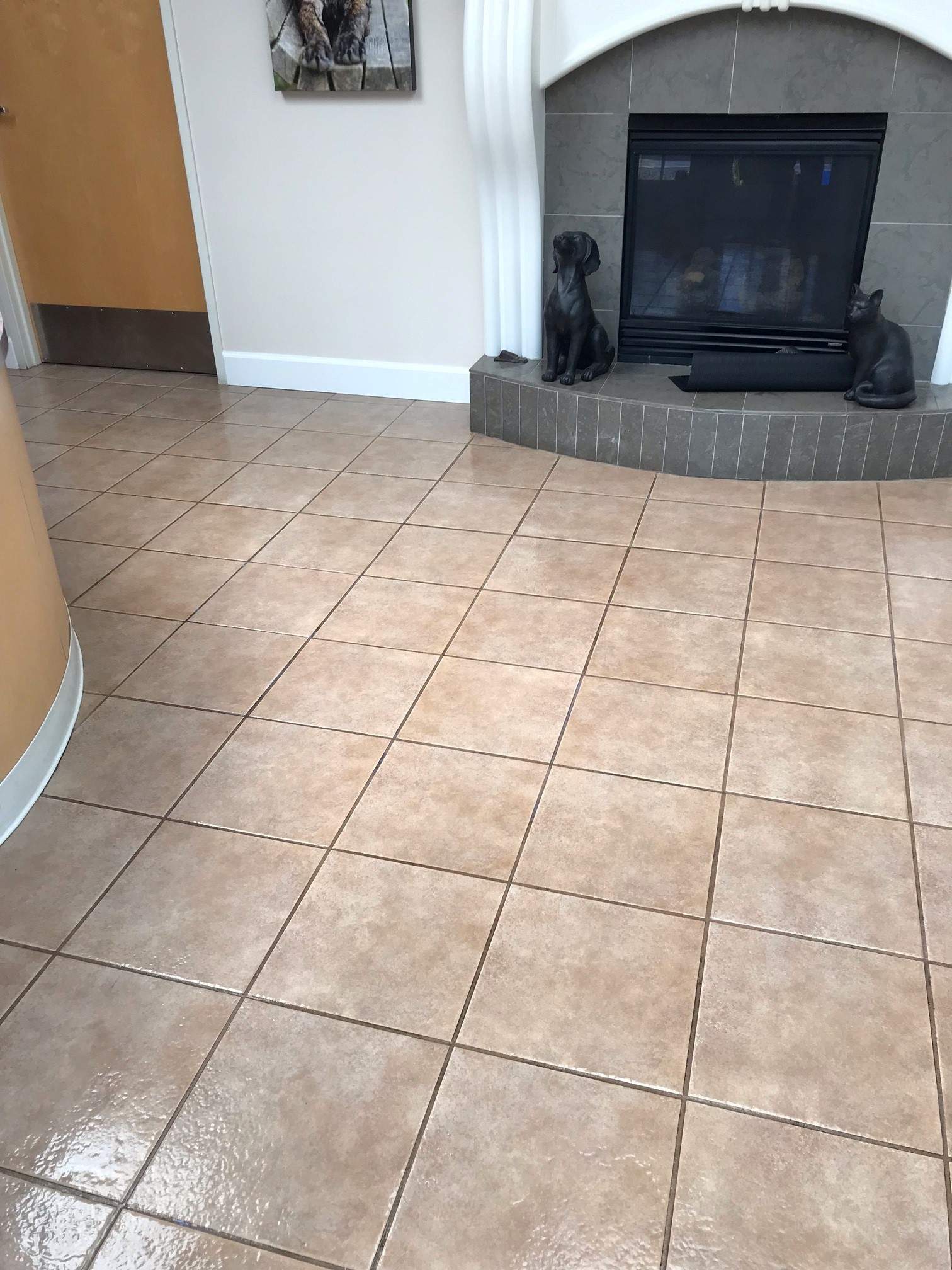 Tile and grout floor in front of a fire place after cleaning and sealing.